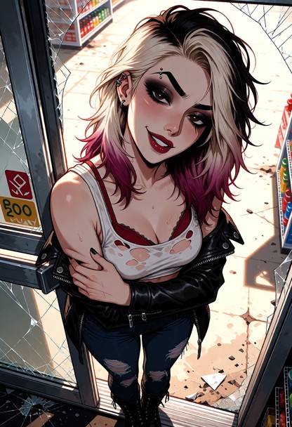 Location: dusty afternoon in a desolate convenience store with shattered glass panes and a metal doorframe reflecting…