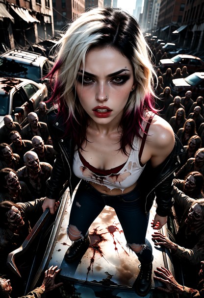 Roxy standing on the roof of a battered abandoned sedan, gritting her teeth and gripping a heavy crowbar in one hand,…