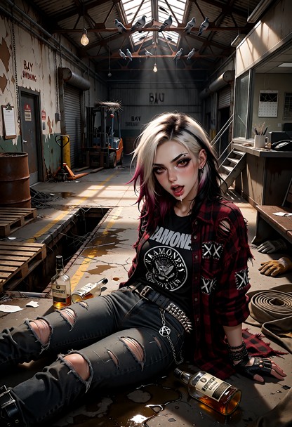 An extreme photorealistic fine art portrait, raw photography style. Location:An old abandoned warehouse in an industr…