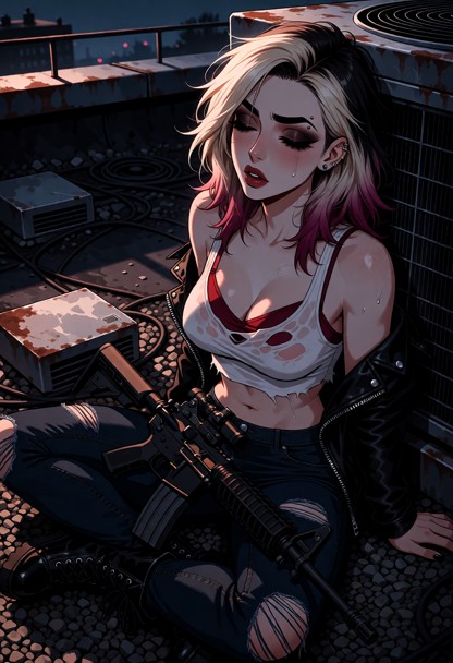 Location: dim evening on a cluttered rooftop amidst rusted vents and gravel, where the faint, pre-dawn light from the…