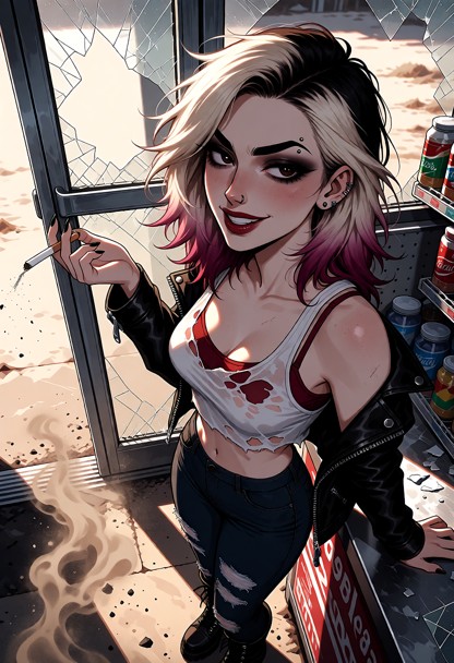 Location: dusty afternoon in a desolate convenience store with shattered glass panes and a metal doorframe reflecting…