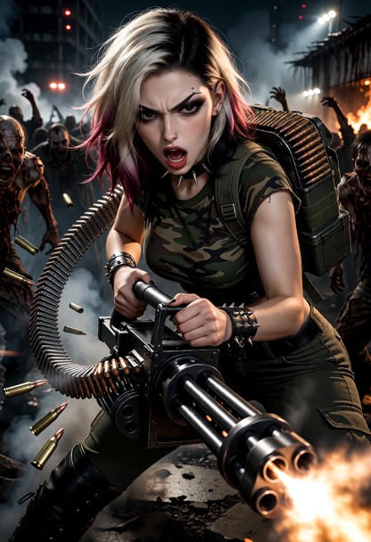 Cinematic, gritty action shot of Roxy with her face contorted in an angry, screaming battle cry. She is wearing a for…