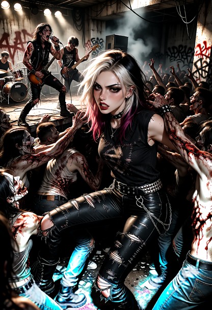 Roxy in the middle of a chaotic hardcore punk mosh pit inside a filthy underground warehouse venue. The entire crowd …