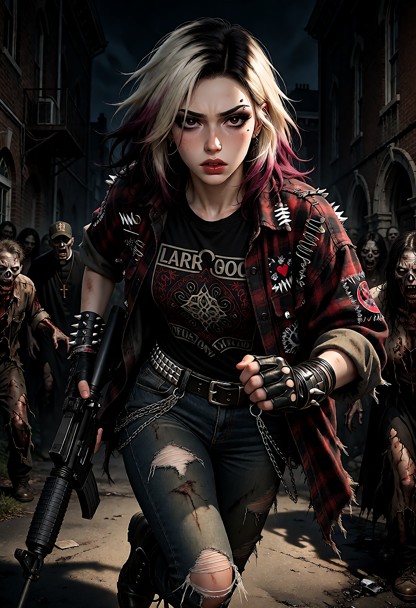 Location: dim, narrow street filled with zombies chasing after Roxy, outside the rectory with dusty pavement and shad…