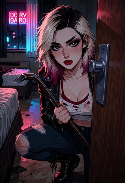 Location: dim evening inside a cramped motel room where the rhythmic pink and blue flicker from the neon sign outside…