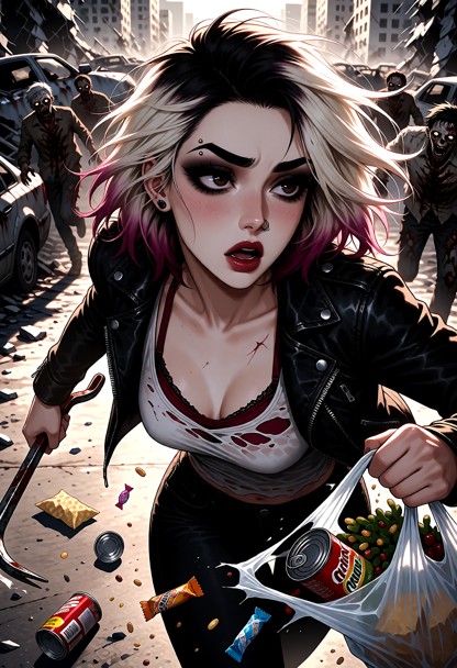 Roxy sprinting through a ruined city street, full panic on her face, messy bleached-blonde hair flying behind her, bl…