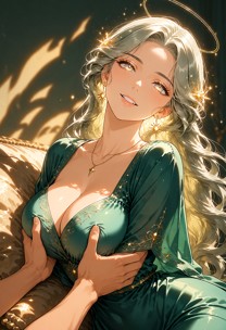 Sol is leaning back and pressing her chest against the viewer's hands. She tilts her head back while her eyes maintai…