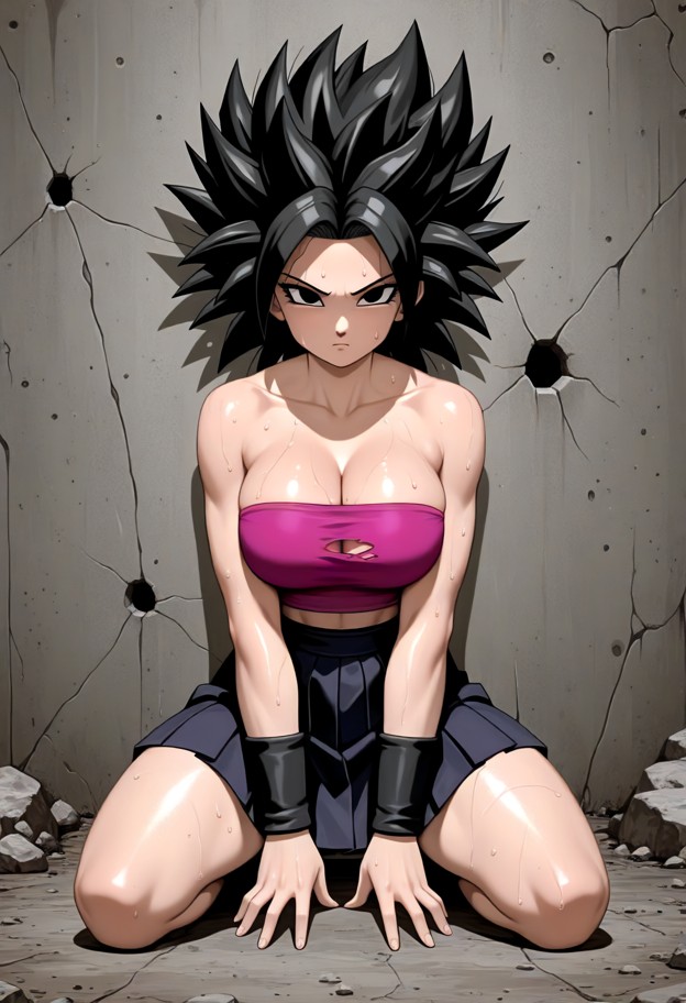 1girl kneeling,torn blue karate gi top,black pleated skirt,defensive stance,sweaty,flushed face,solo,dusty dojo,train…
