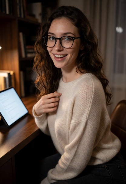 Location: cozy dimly lit study at night, with the soft glow from a digital tablet illuminating the desk and warm ambi…