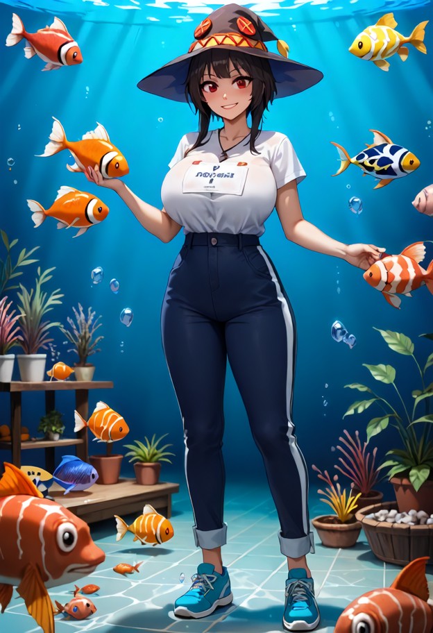 create a highly detailed,realistic scene of milena dragović working inside a large public aquarium during a normal wo…