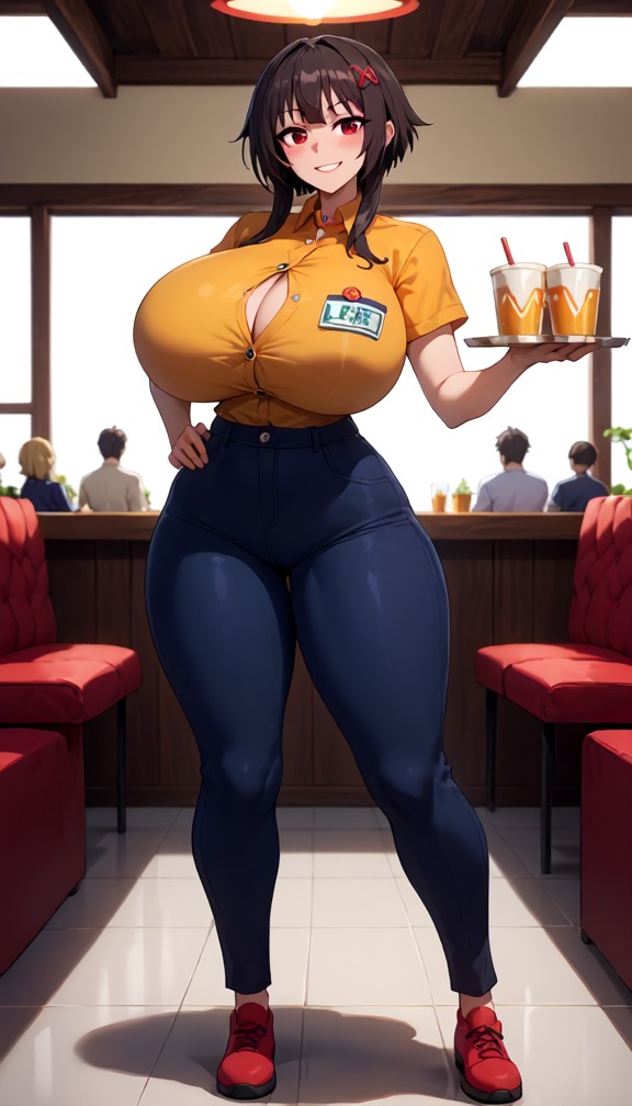 1girl standing,full body view,holding tray with food in one hand,other hand on hip,jollybee crew uniform,tight polo s…