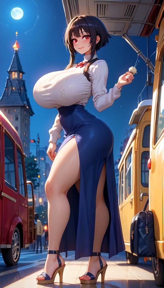 hannah is curling up on the back seat of a bus,dark blue dress,white sweater vest,cream colored suede ankle strap wed…