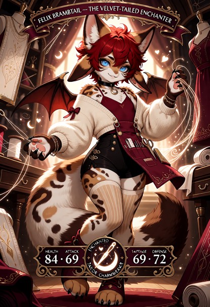 Create a highly detailed semi-realistic premium fantasy trading card illustration for FELIX BRAMBTAIL — THE VELVET-TA…