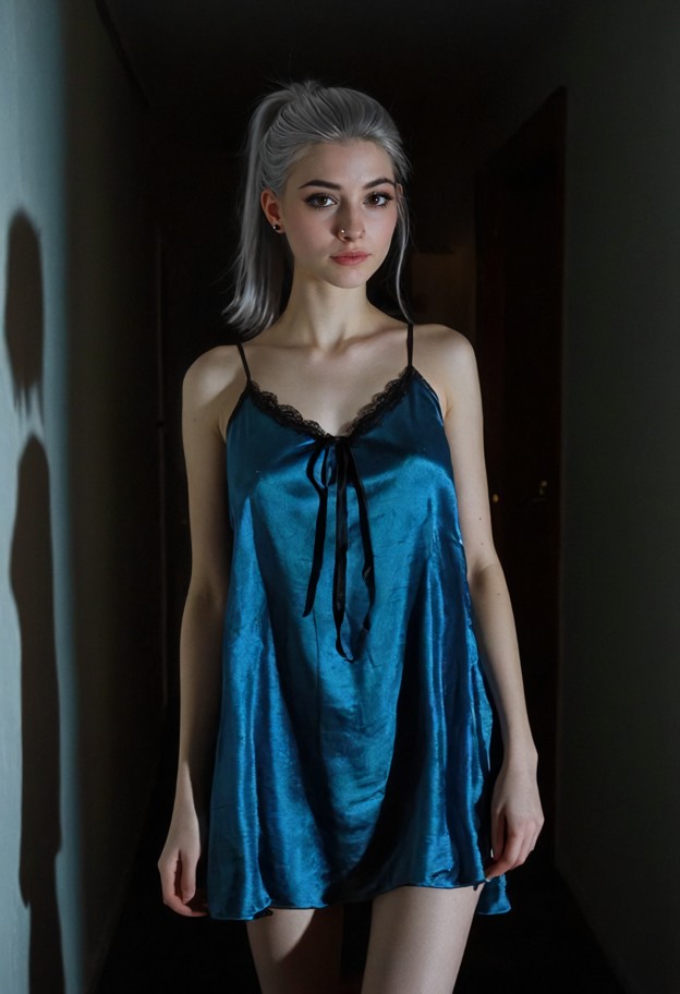 she is standing still with eyes tightly shut,blue silk nightgown,dark bedroom,dim light from the hallway,shadows on t…