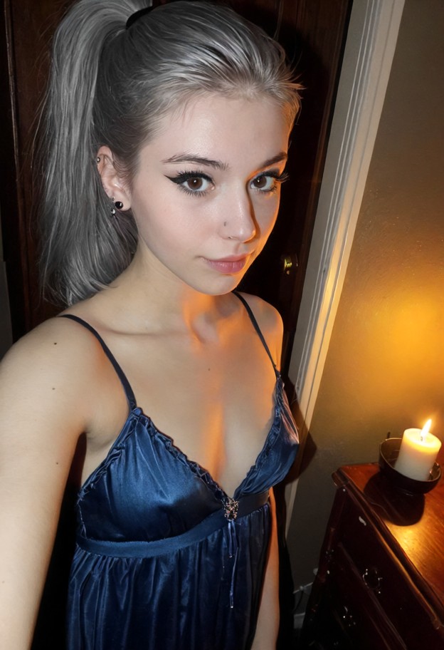 leaning against the doorframe,blue silk nightgown,dark bedroom,wooden nightstand,candle,shadows on walls,selfie close…