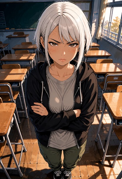 Location: late afternoon in a quiet classroom with rows of wooden desks, chalkboard surfaces, and dimming sunlight fi…