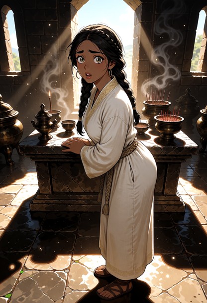 Location: inside a stone temple at midday, sunlight streaming through high narrow windows and illuminating swirling d…