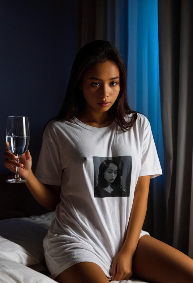 mali sits on the edge of the bed holding a glass of water,oversized cotton t-shirt,dim bedroom,moonlight through curt…