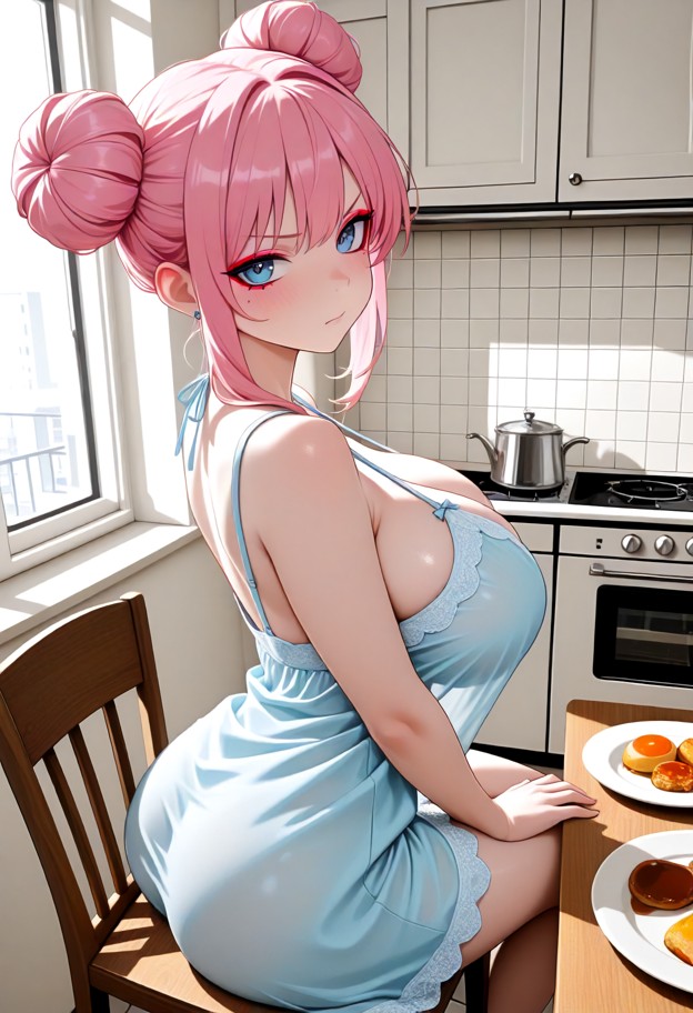 she is sitting at the breakfast table and pushing a plate toward viewer (angry),light blue cotton nightgown,beachfron…