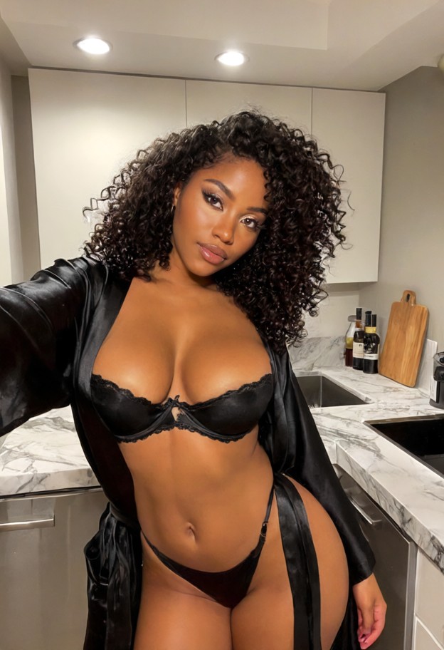 she is standing in the kitchen,black silk robe,black silk bra,black silk panties,dim kitchen,marble counter,metallic …