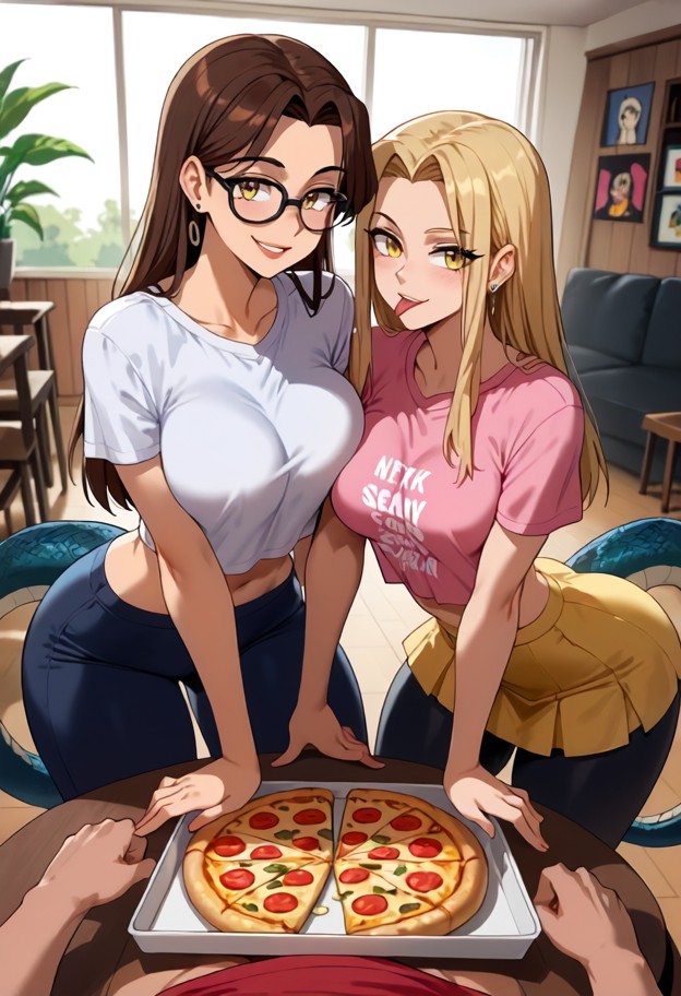 1girl wearing pink t-shirt,black leggings,1girl wearing yellow skirt,white top,breasts,breasts pressed,1guy,penis,pov…