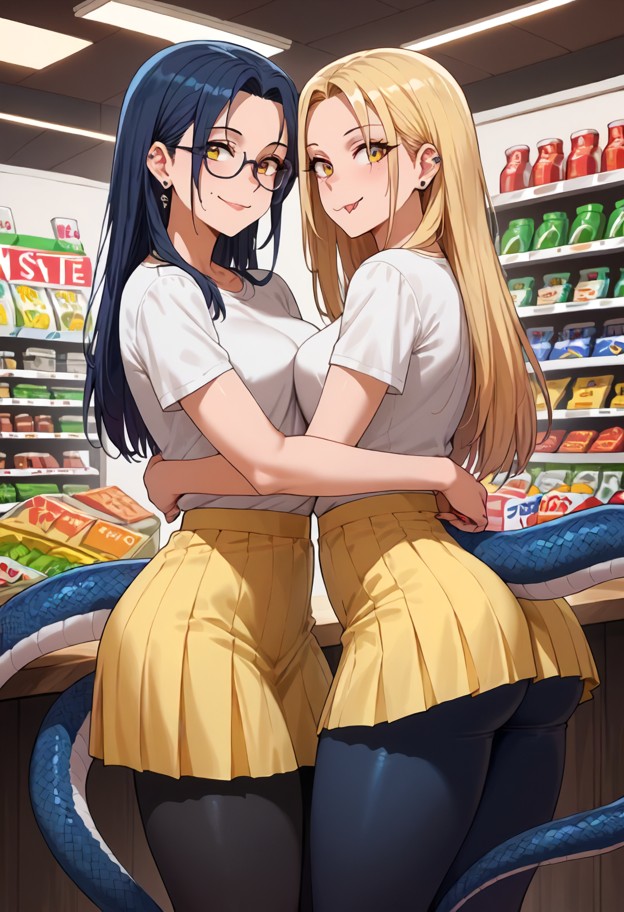 2girls,standing,hugging,smiling,cream-colored walls,wooden table,pink t-shirt,black leggings,yellow skirt,white top,s…