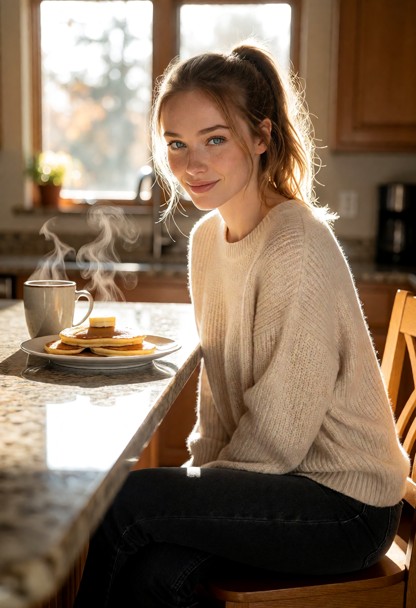 Location: bright morning in a sunlit kitchen with light reflecting off a polished granite countertop, a steaming plat…