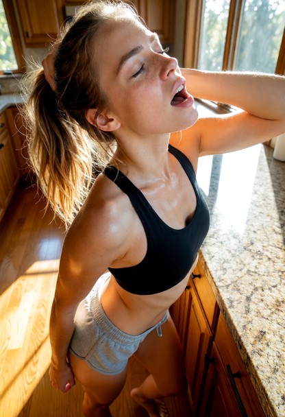 Location: bright morning in a sunlit kitchen with warm sunlight streaming through the window, reflecting off the poli…