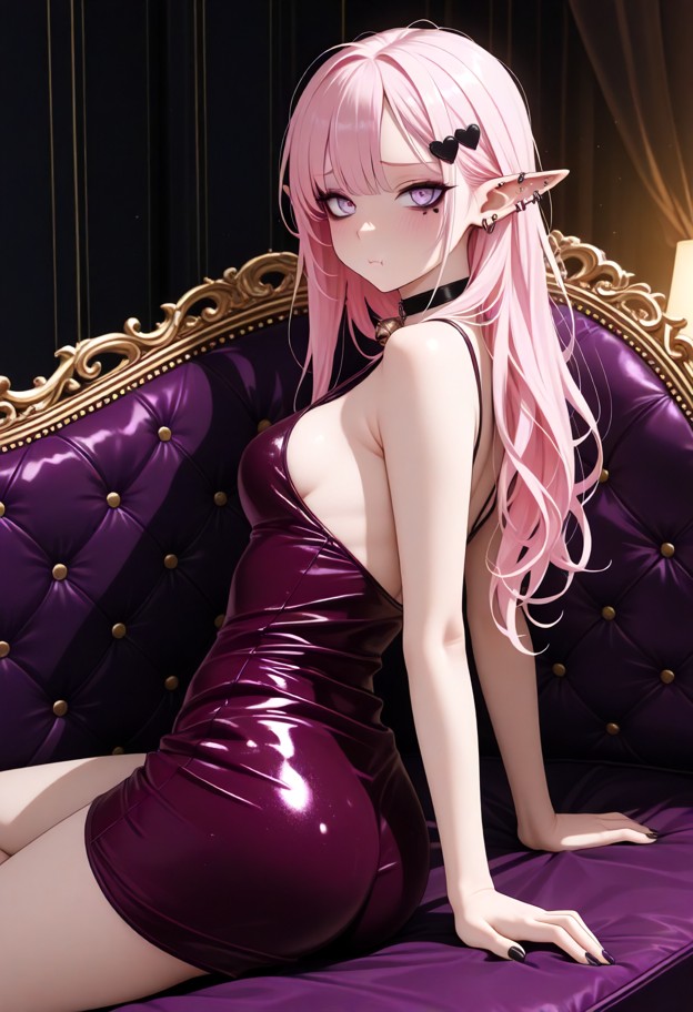 she is leaning back on a purple velvet chaise lounge,short red silk slip dress,elegant lounge,ornate gold decorations…