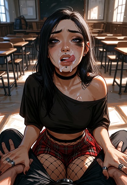 Location: afternoon in a quiet, dim lecture hall with rows of empty wooden desks and soft, dusty sunlight filtering t…