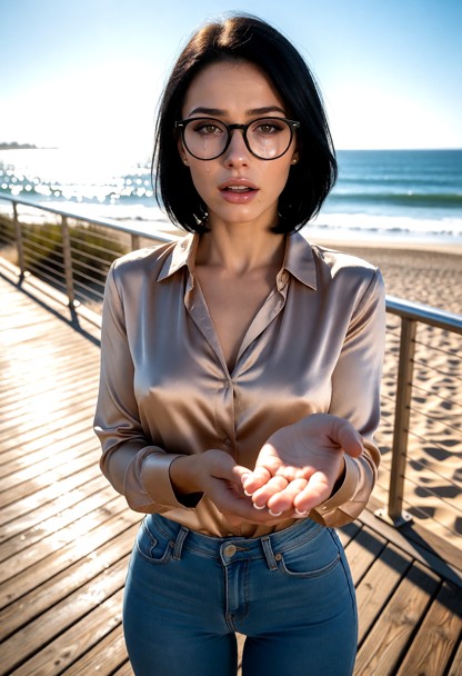 Location: sunny boardwalk during the day with bright sunlight reflecting off the wooden planks and the sparkling ocea…