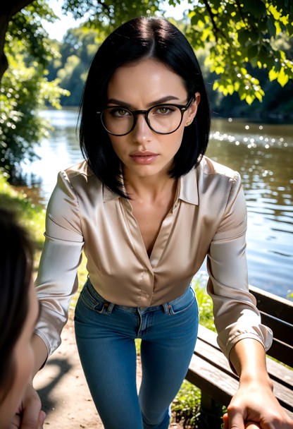 Location: sunny riverside park during the day with dappled sunlight filtering through lush green trees and reflecting…