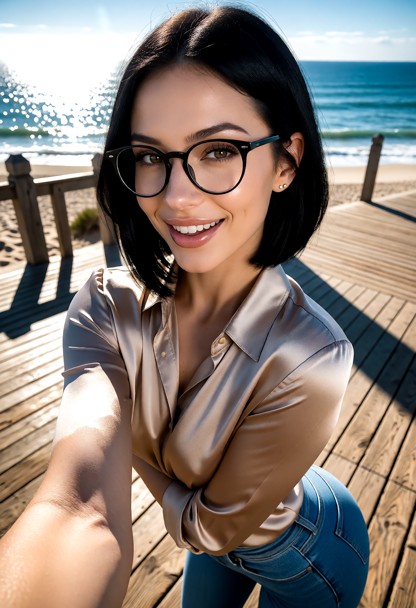 Location: sunny boardwalk during the day with bright sunlight reflecting off the wooden planks and the sparkling ocea…