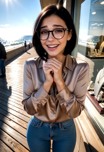 Location: sunny boardwalk during the day with bright sunlight reflecting off the wooden planks and the sparkling ocea…