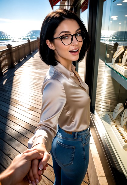 Location: sunny boardwalk during the day with bright sunlight reflecting off the wooden planks and the sparkling ocea…