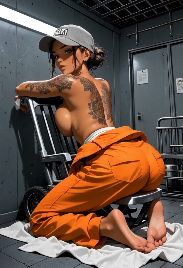 a she is is kneeling on the floor rubbing the wooden base of an electric chair with a cloth,orange jumpsuit,grey cap,…