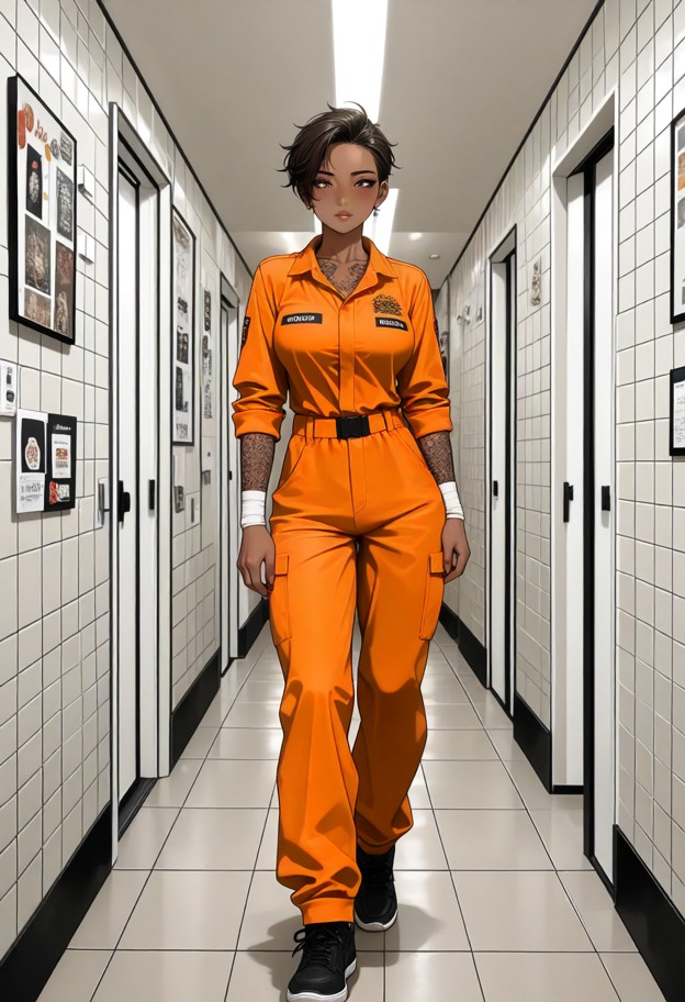 she is is walking slowly down the corridor with a sad expression,orange jumpsuit,bandages,white hallway,geometric wal…