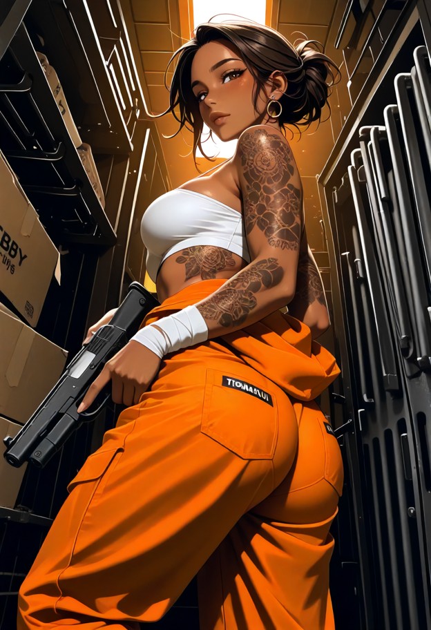 on her knees with gun barrel in mouth,she is,orange jumpsuit,bandages,dark storage room,metal shelves,cardboard boxes…