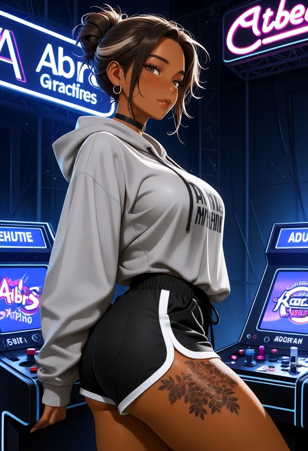a she is is tapping a racing game screen nervously,grey oversized cotton hoodie,black fabric shorts,black fabric chok…