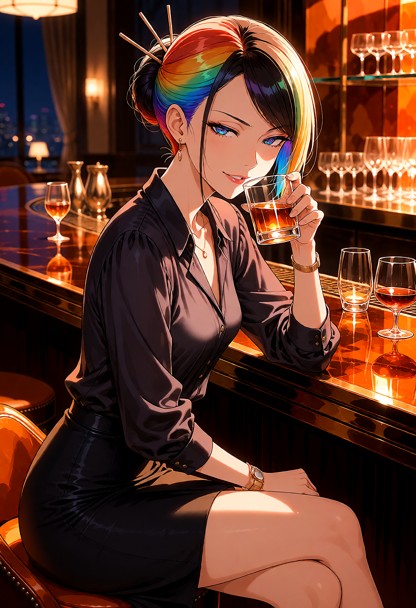 Location: elegant hotel bar at night with warm amber lighting, polished dark wood surfaces, and soft reflections from…