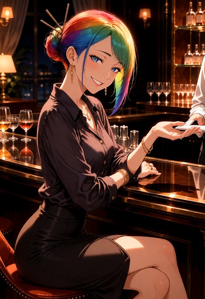Location: elegant hotel bar at night with warm amber lighting, polished dark wood surfaces, and soft reflections from…