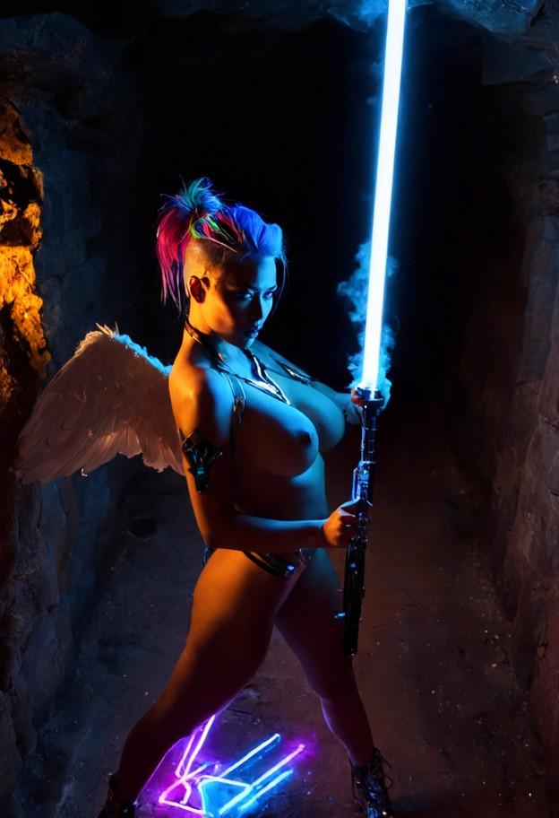 angel charges forward across the cavern floor,naked,boobs,dimly lit cavern alcove,torchlight,dancing shadows,gun smok…