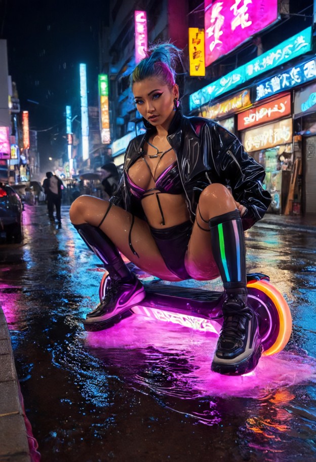 a full-body action shot of a cyberpunk rider with both feet firmly planted on top of a floating mechanical hoverboard…