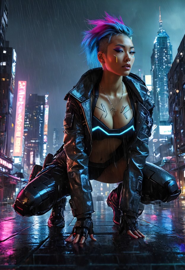 vex the mercenary crouched on a futuristic skyscraper rooftop,overlooking a massive neon metropolis,futuristic tactic…