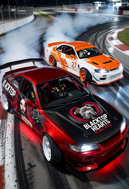 Exactly two visually distinct professional drift cars performing a close tandem drift through a sweeping nighttime ci…