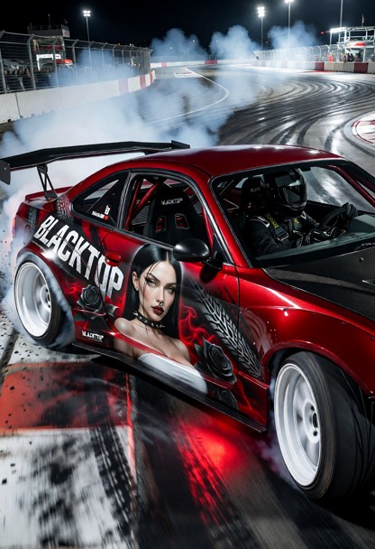 A deep candy-red professional wide-body drift car with a matte-black carbon-fiber hood, white deep-dish wheels, expos…