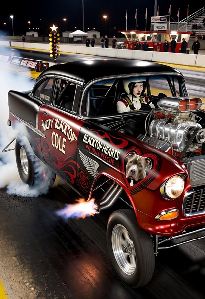 Vicky “Blacktop” Cole performing a tire-smoking burnout in a professional 1955 Chevrolet Bel Air gasser at a nighttim…