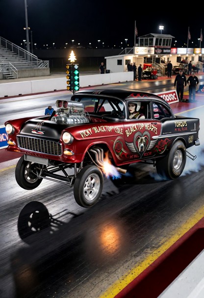 Vicky “Blacktop” Cole launching a professional 1955 Chevrolet Bel Air gasser at full power during a nighttime nostalg…