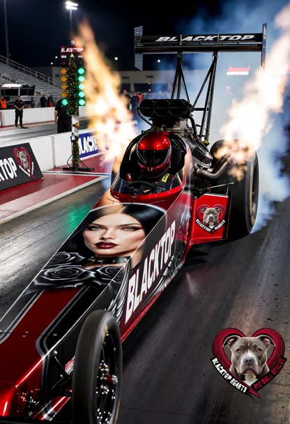Vicky “Blacktop” Cole launching a professional Top Fuel dragster at full power during a nighttime championship drag r…