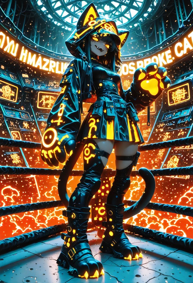 (adult cyber-neko cat-girl:1.5),petite compact fighter build,small scrappy brawler physique,agile pre-fight stance,(s…